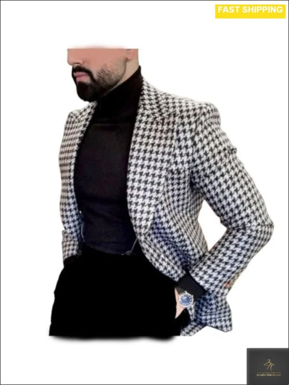 Men's Houndstooth Blazer Slim Fit One Button Sport Coat Wedding Prom
